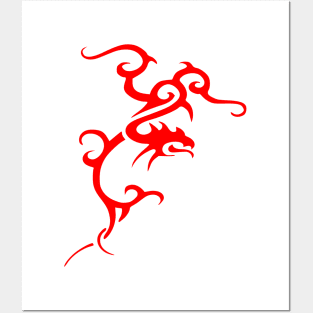 Minimalistic Japanese Tribal Style Dragon In Red Posters and Art